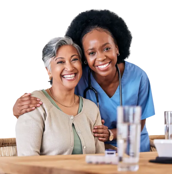 ealthcare worker providing support and care to a smiling senior patient